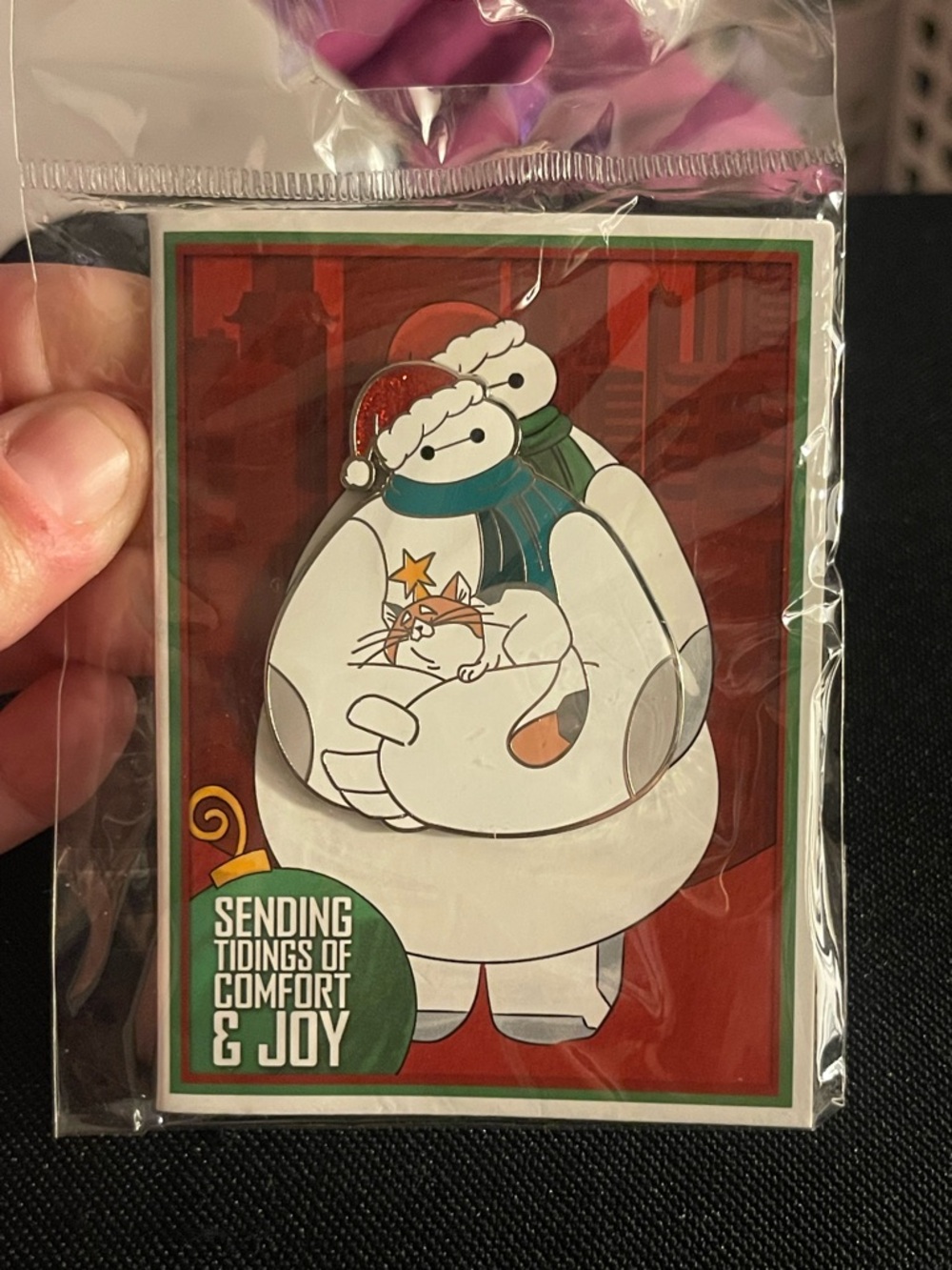 Disney Baymax Holiday Pin with Cat — White, Red, Green